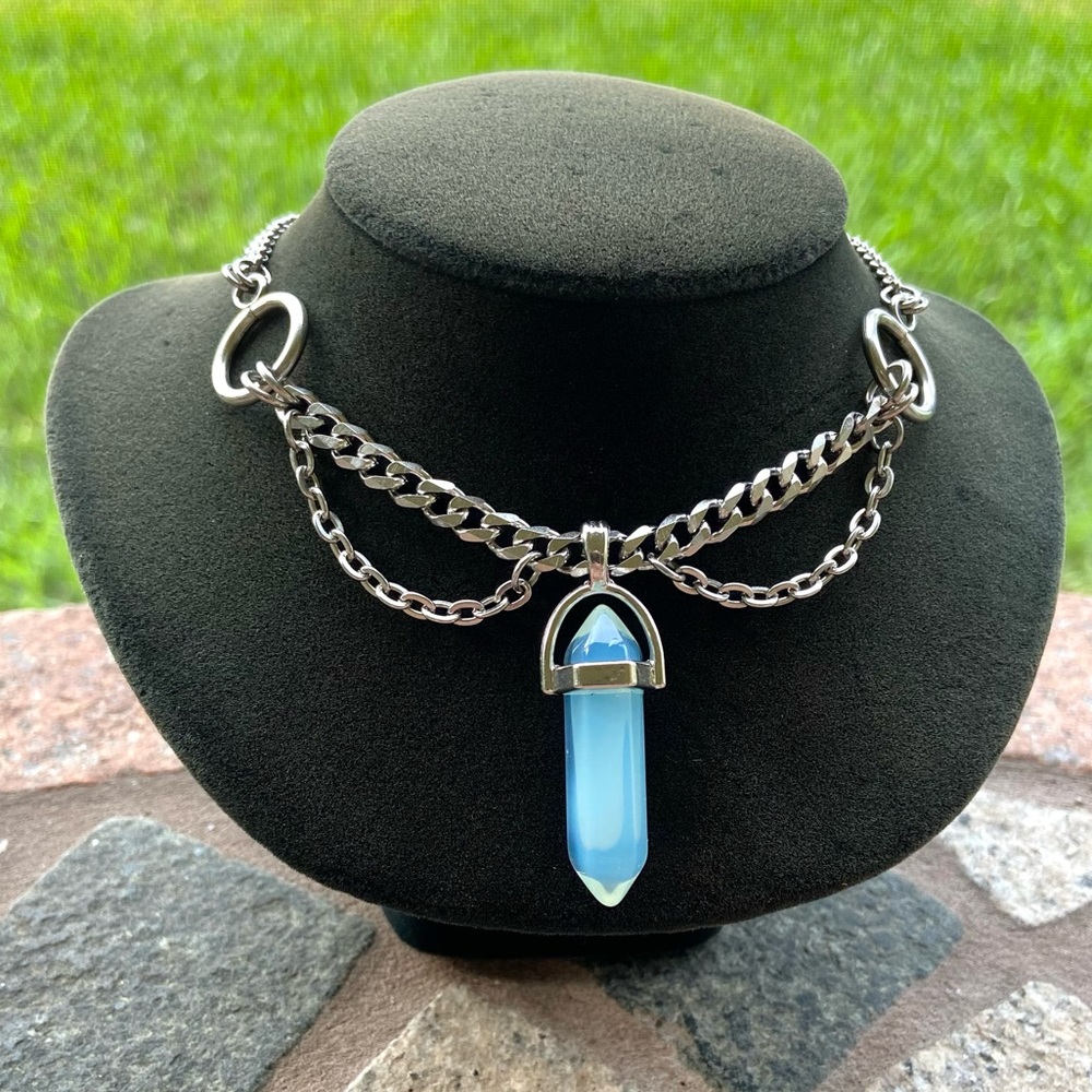 Stainless steel choker with blue iridescent opalite bullet charm boho goth - Picture 10 of 11
